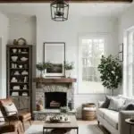 Minimalist farmhouse Living Room with couch, fireplace and shiplap walls