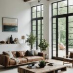 Minimalist rustic Living Room with couch, large windows and reclaimed wood coffee table