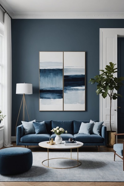 Minimalist Living Room in shades of blue with blue couch