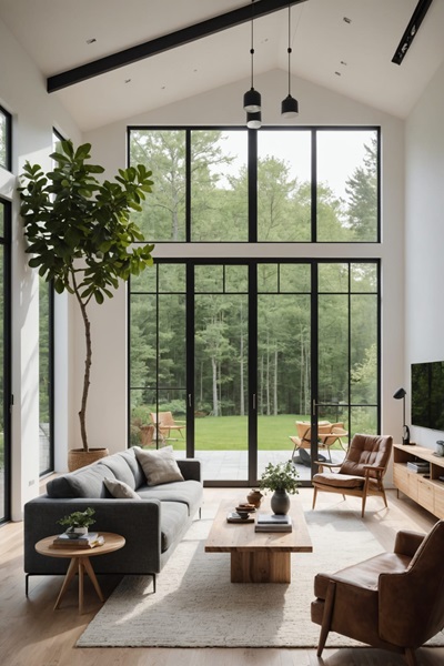 Minimalist Living Room with high ceilings, couch and large windows