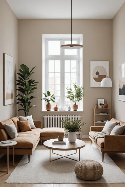 Minimalist apartment Living Room with sectional couch, and house plants