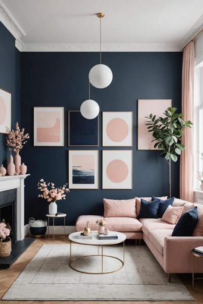 Minimalist Living Room with pink couch, navy blue walls and fireplace