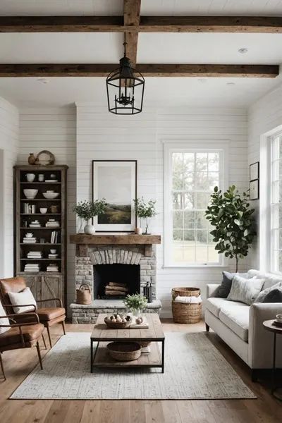 Minimalist farmhouse Living Room with couch, fireplace and shiplap walls