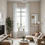 neutral Minimalist Living Room with sectional couch, large window and white curtains