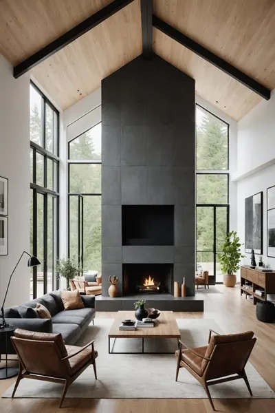 Minimalist Living Room with gray couch, large black fireplace and high ceilings