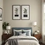 small bedroom with bed, wall decor and cream walls