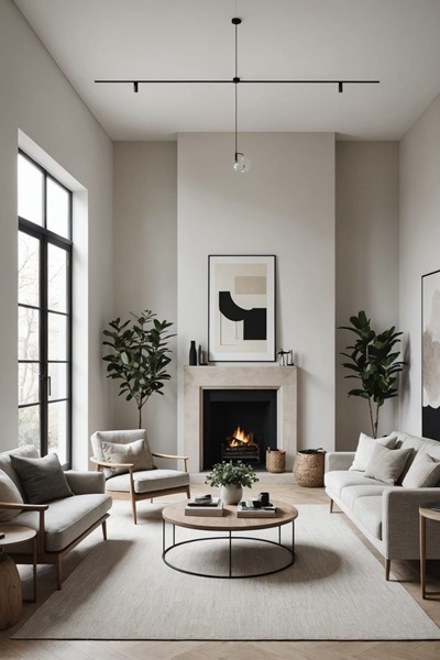 Minimalist Living Room with gray couch, large black fireplace and high ceilings