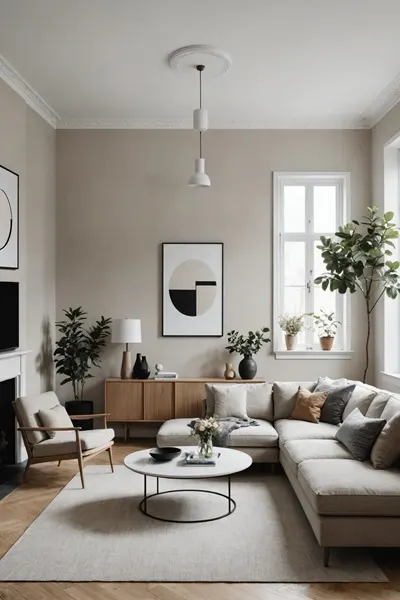 Minimalist Living Room with gray sectional couch and wall art