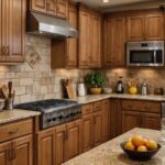 A kitchen with honey oak cabinets and brown countertops with a natural stone backsplash