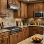 A kitchen with honey oak cabinets and brown countertops with a natural stone backsplash