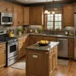 A kitchen with honey oak cabinets and chocolate brown countertops