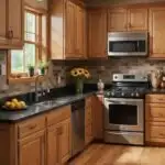 A kitchen with honey oak cabinets and dark brown countertops with a natural stone backsplash