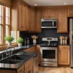 A kitchen with honey oak cabinets and dark countertops