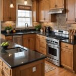 A kitchen with honey oak cabinets and deep brown countertops with a natural stone backsplash (1)