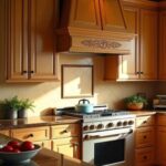 A kitchen with honey oak cabinets and deep brown countertops with a natural stone backsplash