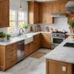 A kitchen with honey oak cabinets and marble countertops with veining of soft gray