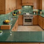 A kitchen with honey oak cabinets and muted green granite countertops