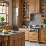 A kitchen with honey oak cabinets and soft gray granite countertops