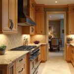 A large kitchen with honey oak cabinets and tan granite countertops with flecks of gold and muted green in it. (2)