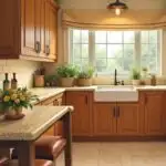 A large kitchen with honey oak cabinets and warm beige granite countertops