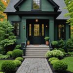 Benjamin Moore’s Essex Green colonial house with Sherwin Williams – Tricorn Black trim