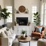 Boho living room with the paint color Sherwin Williams Alabaster on the walls