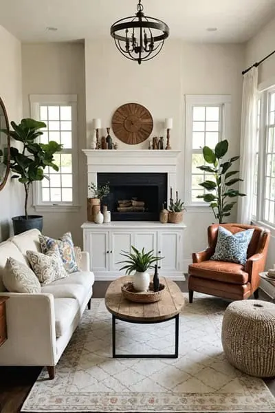 Boho living room with the paint color Sherwin Williams Alabaster on the walls