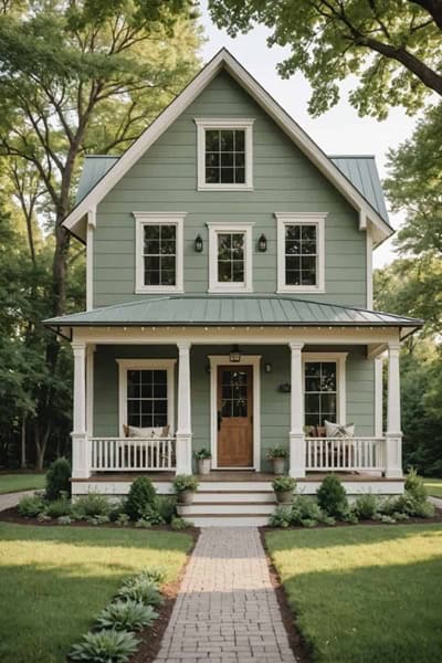 Farmhouse sage Green House with beige trim