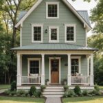 Farmhouse sage Green House with beige trim