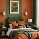 Green and Burnt Orange Bedroom with bed and night stands