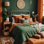 Green boho Bedroom with burnt orange details