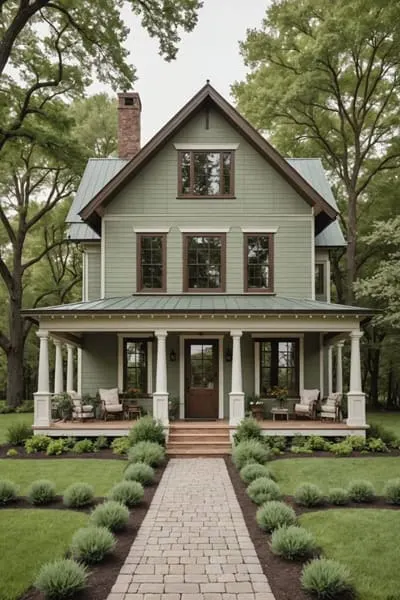 farmhouse style home with green siding and brown trim.