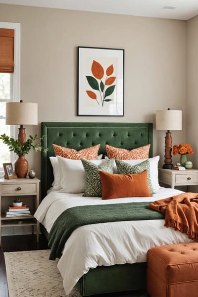 neutral modern Bedroom with burnt orange and green details 