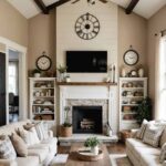 Modern farmhouse living room with the paint color Sherwin Williams Canvas Tan on the walls