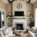 Modern farmhouse living room with the paint color Sherwin Williams Canvas Tan on the walls