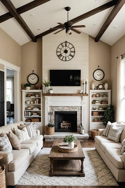 Modern farmhouse living room with the paint color Sherwin Williams Canvas Tan on the walls