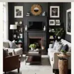 Living room with couches and dark wall paint - Pinterest Graphic