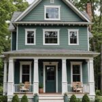 Sherwin Williams’ Pewter Green farmhouse house with Benjamin Moore – Gray Owl trim