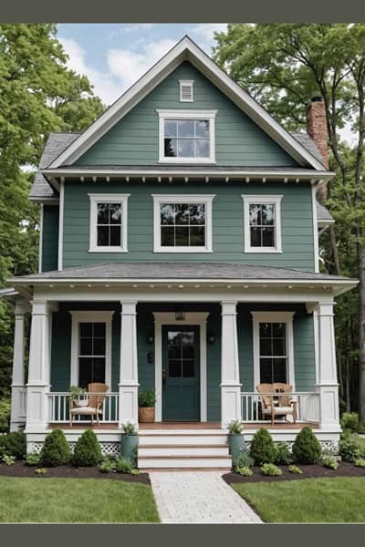 Sherwin Williams’ Pewter Green farmhouse house with Benjamin Moore – Gray Owl trim