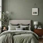 bedroom with bed, nightstand and plant, with green walls.