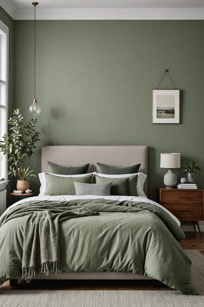 bedroom with bed, nightstand and plant, with green walls