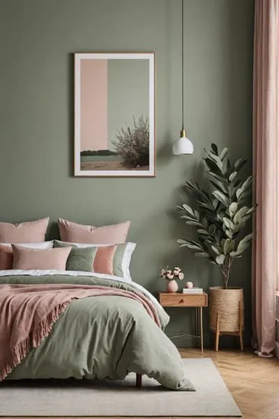 bedroom with green walls and bed with dusty pink accents