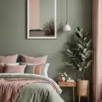 bedroom with green walls and bed with dusty pink accents