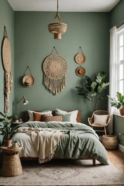 boho style bedroom with bed, wall decor and green walls