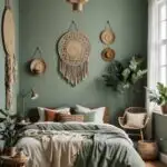 boho style bedroom with bed, wall decor and green walls.