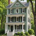 colonial-style house with a sage green exterior and crisp white trim