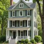 colonial-style house with a sage green exterior and crisp white trim