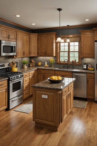 A kitchen with honey oak cabinets and chocolate brown countertops