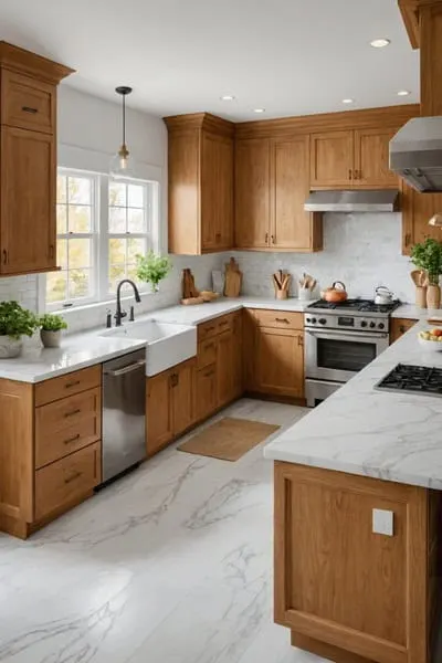 A kitchen with honey oak cabinets and marble countertops with veining of soft gray