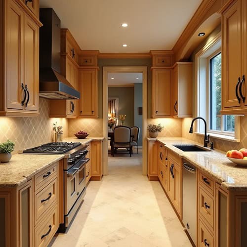 A kitchen with honey oak cabinets and brown countertops with a natural stone backsplash